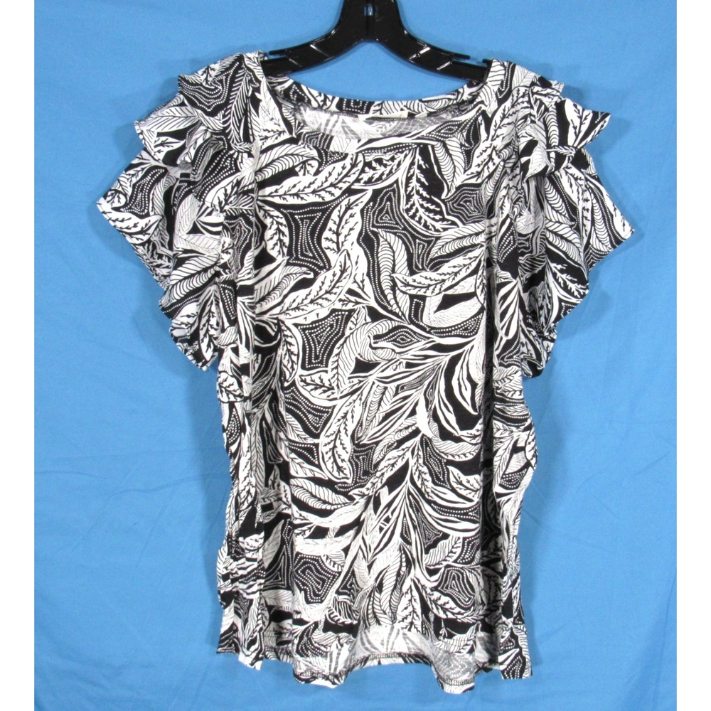 SUNNY LEIGH Soft SLUB KNIT Black/White FLORAL PRINT Chiffon Ruffle BLOUSE/TOP 1X